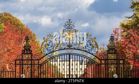 Die prunkvollen goldenen Tore zum Regent's Park Inner Circle, London im Herbst. Chester Terrace ist im Hintergrund sichtbar. Stockfoto