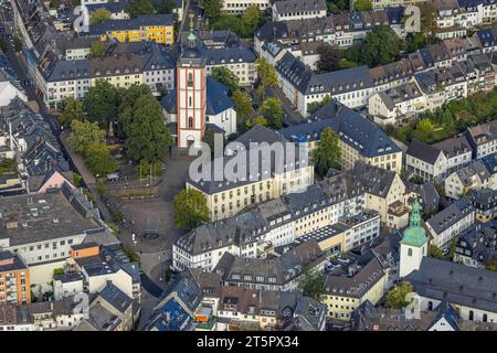 Aus der Vogelperspektive, evangelische Kirche St. Nikolaus und katholische Kirche St. Mary, Rathaus, Siegen-Kernband, Siegen, Siegerland, Nordrhein-Westfalen Stockfoto