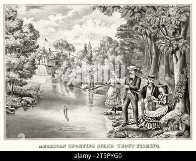 Alte Illustration, die Leute beim Forellenfischen zeigt. Vom unbekannten Autor, publ. In New York, CA 1870 Stockfoto