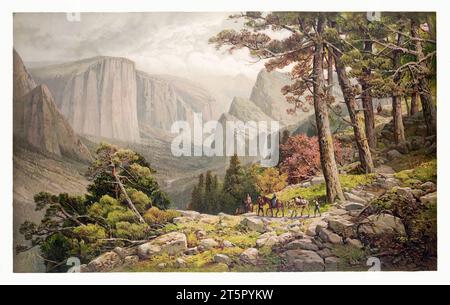 Panoramische handkolorierte Lithografie des Yosemite Valley, Kalifornien, mit Maultierzug auf felsigem Pfad, El-Capitan-Klippen, Wasserfall, Kiefernwald, 19. Jh. Stockfoto