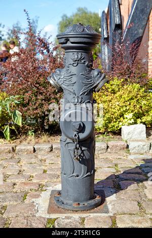 Alter gusseiserner Hydrant mit schönen Mustern. Stockfoto