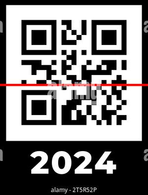 Realer QR-Code 2024 mit roter Scanzeile. Frohes Neues Jahr mit covid-Impfbarcode-Konzeptvorlage. Vektor-EPS-Illustration für Banner, Poster, Grußkarte, Einladung Stock Vektor