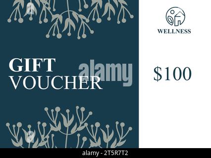 Illustration von Wellness mit Geschenkgutschein und 100 Dollar Text mit Blumen auf farbigem Hintergrund Stockfoto