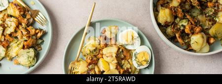 Köstliche herzhafte Abendessen oder Mittagessen, gebratene junge Kartoffeln mit Waldpilzen Chanterelles mit Dill, gekochte Eier, saisonale Speisen Stockfoto