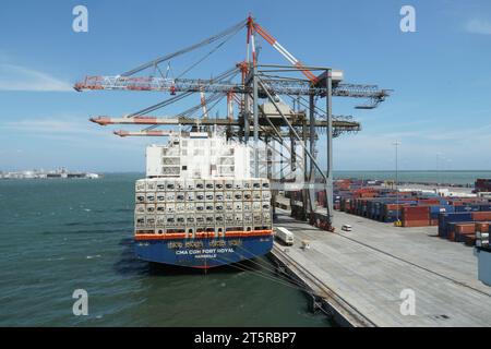 Portalkräne, die von Stevedores betrieben werden, laden und entladen Containerschiffe mit Piraterie-Schutzbarrieren. Stockfoto