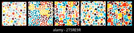 Buntes, nahtloses Muster. Kreativer abstrakter Kritzelstil mit Kunsthintergrund für Kinder. Trendiges Strukturdesign mit modernen Grundformen. Vektor Stock Vektor