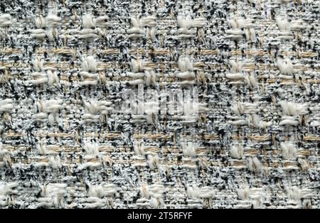 Stoff kariert in hellen Farben Beige, Grau, Schwarz und Grau Nahaufnahme. Abstrakter Hintergrund. Textur des Gewebes. Stockfoto