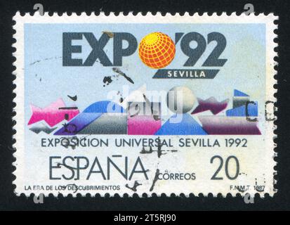 SPANIEN - CA. 1987: Stempel gedruckt von Spanien, zeigt EXPO Emblem, Sevilla, ca. 1987 Stockfoto