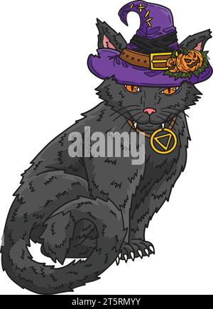 Halloween Katze mit Hut Cartoon farbiges Clipart Stock Vektor