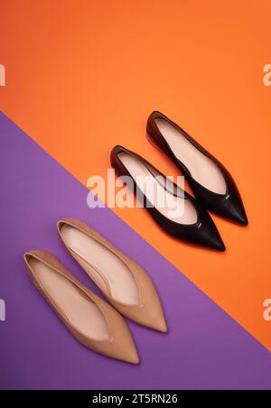 Zwei Paar klassische, feminine Damenschuhe mit spitzer Spitze in verschiedenen Farben, aber das gleiche Modell auf einem mehrfarbigen Hintergrund. Draufsicht, flach Stockfoto