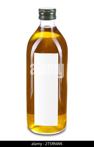 Große transparente Glasflasche mit Schraubverschluss und leerem, mit Öl gefülltem weißem Etikett. Produktfoto auf weißem Hintergrund isoliert. Extra natives Oliv Stockfoto
