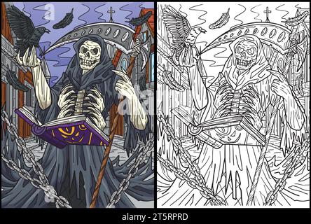 Halloween Grim Reaper Malseite Illustration Stock Vektor