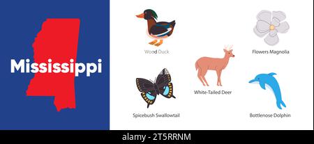 Mississippi steht mit Symbol Icon der Magnolie Gewürzbuschschschwalbenholz Entenflasche Nase Delfin Hirsch Illustration Stock Vektor