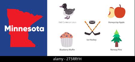 Minnesota state mit Symbol Symbol Symbol für gewöhnliche Lon Blaubeermuffin Eishockey Norwegen Kiefer Illustration Stock Vektor