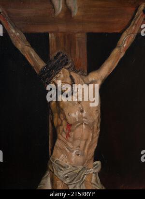 Jesus am Kreuz. Ein Privathaus in der Slowakei. Stockfoto