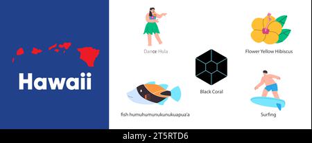 Hawaii staaten mit Symbol für Hula-Tanz Fisch schwarze Korallen Edelsteine gelben Hibiskus und Surf Illustration Stock Vektor