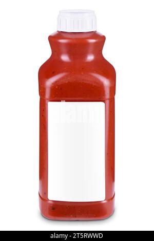 Flasche rote Soße mit leerem rotem Etikett auf weißem Hintergrund. Modell für Produktdesign. Pizzasauce, Ketchup, Salsas, Taco-Sauce Stockfoto