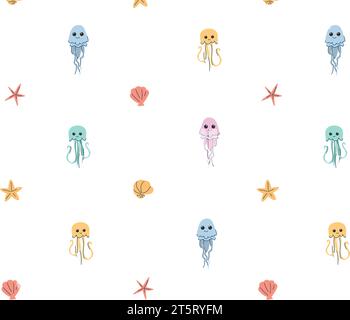 Ozean Quallenmuster für Kinder, Vektorgrafik, Design für Print.Vektor-Illustration für Verpackungspapier, Stoff, Textil. Für Kinder Stock Vektor