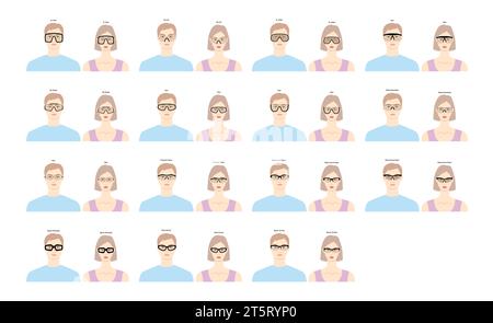 Set von Sport Rahmen Brille auf Frauen und Männer flache Charakter Mode Accessoire Illustration. Sonnenbrille Vorderansicht Unisex Silhouette Stil, Brille Brille mit Linse Sketch Stil Umriss isoliert Stock Vektor