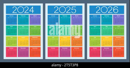 Farbenfroher Kalender für 2024, 2025 und 2026 Jahre. Die Woche beginnt am Sonntag. Designvorlage für vertikalen Kalender. Basisraster. Isolierte Vektordarstellung. Stock Vektor