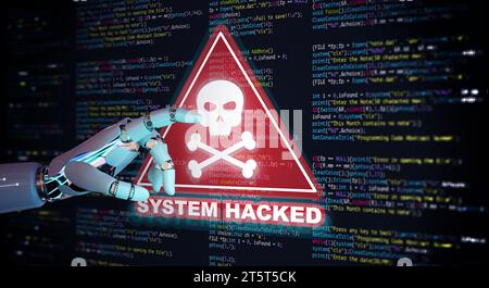 KI-Roboterhand zeigt abstrakte moderne Technologie der Programmierung Code Bildschirm mit Warnung vor gehacktem System. Viren, Malware, Cyberangriffe und Internet Stockfoto