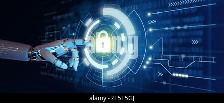 AI Robot Hand verwendet Cybersicherheit Datenschutz, Datenschutz und Datenschutz, um einen Cyberangriff zu blockieren. Netzwerksicherheitssystem mit KI Stockfoto