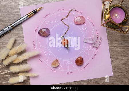 Astrologie-Vorhersage. Zodiac-Rad, Edelsteine, Pendel und brennende Kerze auf Holztisch, flache Ladefläche Stockfoto