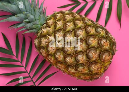 Ganze reife Ananas und grüne Blätter auf rosafarbenem Hintergrund, flache Lagen Stockfoto