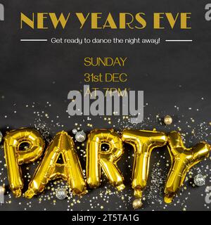 Silvester, machen Sie sich bereit, die Nacht zu tanzen, sonntag, den 31. dezember um 19:00 Uhr, mit einer Textnachricht für Partyballons Stockfoto