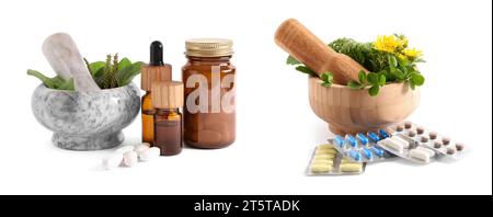 Mörser, Kräuter, Pillen und Extrakte isoliert auf weiß, Set. Alternative Medizin Stockfoto