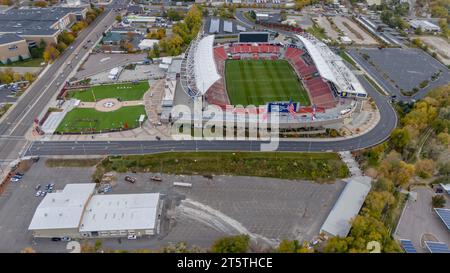 Sandy, UT, USA. November 2023. Luftaufnahme des America First Fields, Heimstadion des Real Salt Lake und des National Women's Soccer League Club, Utah Royals FC. (Credit Image: © Walter G Arce SR/ASP) NUR REDAKTIONELLE VERWENDUNG! Nicht für kommerzielle ZWECKE! Stockfoto