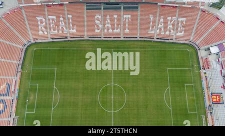 Sandy, UT, USA. November 2023. Luftaufnahme des America First Fields, Heimstadion des Real Salt Lake und des National Women's Soccer League Club, Utah Royals FC. (Credit Image: © Walter G Arce SR/ASP) NUR REDAKTIONELLE VERWENDUNG! Nicht für kommerzielle ZWECKE! Stockfoto