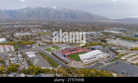 Sandy, UT, USA. November 2023. Luftaufnahme des America First Fields, Heimstadion des Real Salt Lake und des National Women's Soccer League Club, Utah Royals FC. (Credit Image: © Walter G Arce SR/ASP) NUR REDAKTIONELLE VERWENDUNG! Nicht für kommerzielle ZWECKE! Stockfoto