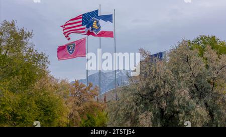 Sandy, UT, USA. November 2023. Luftaufnahme des America First Fields, Heimstadion des Real Salt Lake und des National Women's Soccer League Club, Utah Royals FC. (Credit Image: © Walter G Arce SR/ASP) NUR REDAKTIONELLE VERWENDUNG! Nicht für kommerzielle ZWECKE! Stockfoto