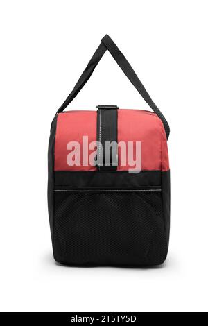 Close Up Outdoor trendige Sport Custom Nylon Umhängetasche Duffle Gym Reisetaschen für Männer Frauen isoliert auf weißem Hintergrund. Seitenansicht. Stockfoto