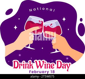 Nationale Getränk Wein Tag Vektor Illustration am 18. Februar mit Glas Trauben und Flasche im flachen Cartoon lila Hintergrund Design Stock Vektor