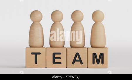 Führung und Konzept des Teamleiters. Wortgruppe auf Holzblock, Holzfigur auf Holzblock mit TEAM. Beziehungen zwischen Zusammenarbeit und l Stockfoto