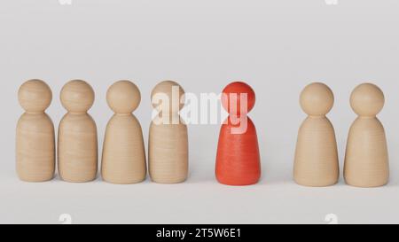 Holzfigur, die mit dem Team steht, um Einfluss und Befähigung zu zeigen. Konzept der Unternehmensführung für das Führungsteam, erfolgreicher Wettbewerbssieger und Stockfoto
