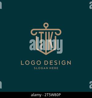 TK-Monogramm-Logo-Design mit Schild- und säulenförmigem Design Stock Vektor