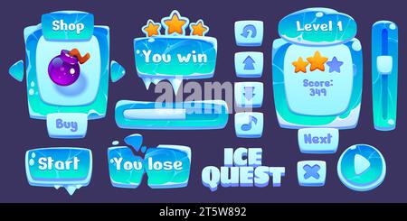 Eis- oder Glas-gui-Elemente mit Schnee bedeckt - Cartoon-Vektor-Illustration Set von Spiel-Benutzeroberfläche Design-Schaltflächen und Pfeile, Punktestand-Leiste mit Sternen, Menü-Schilderrahmen und Bretter für Text. Stock Vektor