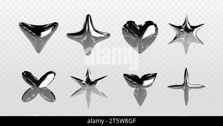 Chrom y2k abstrakte Formen. 3D realistische Vektor-Illustration Set der silbernen aufblasbaren Formen des Herzens, des Sterns und des flüssigen Metalls. Grafische Designelemente aus Stahl oder Platin mit Reflexionen. Stock Vektor