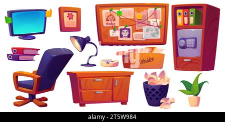 Innenausstattung und Ausstattung des Detektivraums. Cartoon-Vektor-Satz der Elemente des Polizeibüros und des Kriminalbüros - Schreibtisch und Stuhl, Ermittlungskarte auf Pinnwand, Rack mit Dokumenten und Safe. Stock Vektor