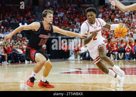 Madison, WI, USA. November 2023. Während des NCAA-Basketballspiels zwischen den Arkansas State Red Wolves und den Wisconsin Badgers im Kohl Center in Madison, WI. Darren Lee/CSM/Alamy Live News Stockfoto