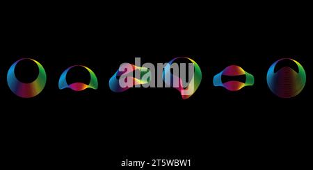 Klingen Sie sanfte Wellen verschiedener Formen, und stellen Sie den Equalizer Rainbow Farbverlauf ein. Geometrische Vektorformen isoliert auf schwarzem Hintergrund Stock Vektor