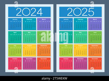 Farbenfroher Kalender für 2024, 2025 Jahre. Die Woche beginnt am Sonntag. Designvorlage für vertikalen Kalender. Basisraster. Isolierte Vektordarstellung. Stock Vektor