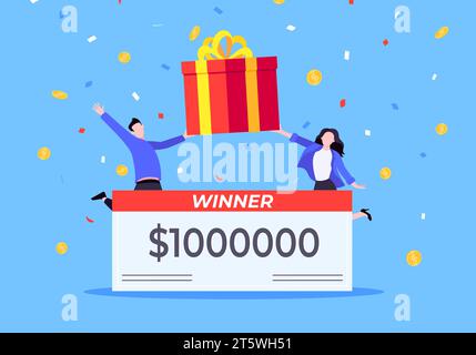 Glückliche Lottosieger mit großem Lohn. Glückslotterie oder Casino Glücksspiel Glücksspiele Konzept flache Stil Design Vektor Illustration. Leute ju Stock Vektor