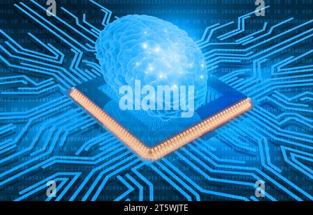 Motherboard mit menschlichem Gehirn, futuristische Technologie. 3D-Abbildung Stockfoto