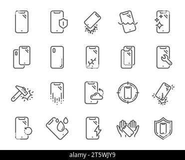 Symbole für die Schutzlinie des Smartphones. Gehärtetes Glas, Displayschutz und wasserabweisend. Vektor Stock Vektor