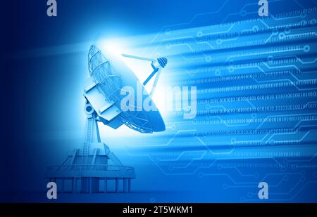 Satellitenschüssel-Übertragungsdaten auf abstraktem Technologiehintergrund. 3D-Abbildung Stockfoto