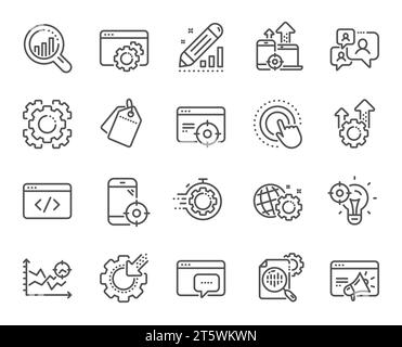 SEO-Zeilensymbole. Website-Statistiken, Zielerreichung und Umsatzsteigerung. Vektor Stock Vektor